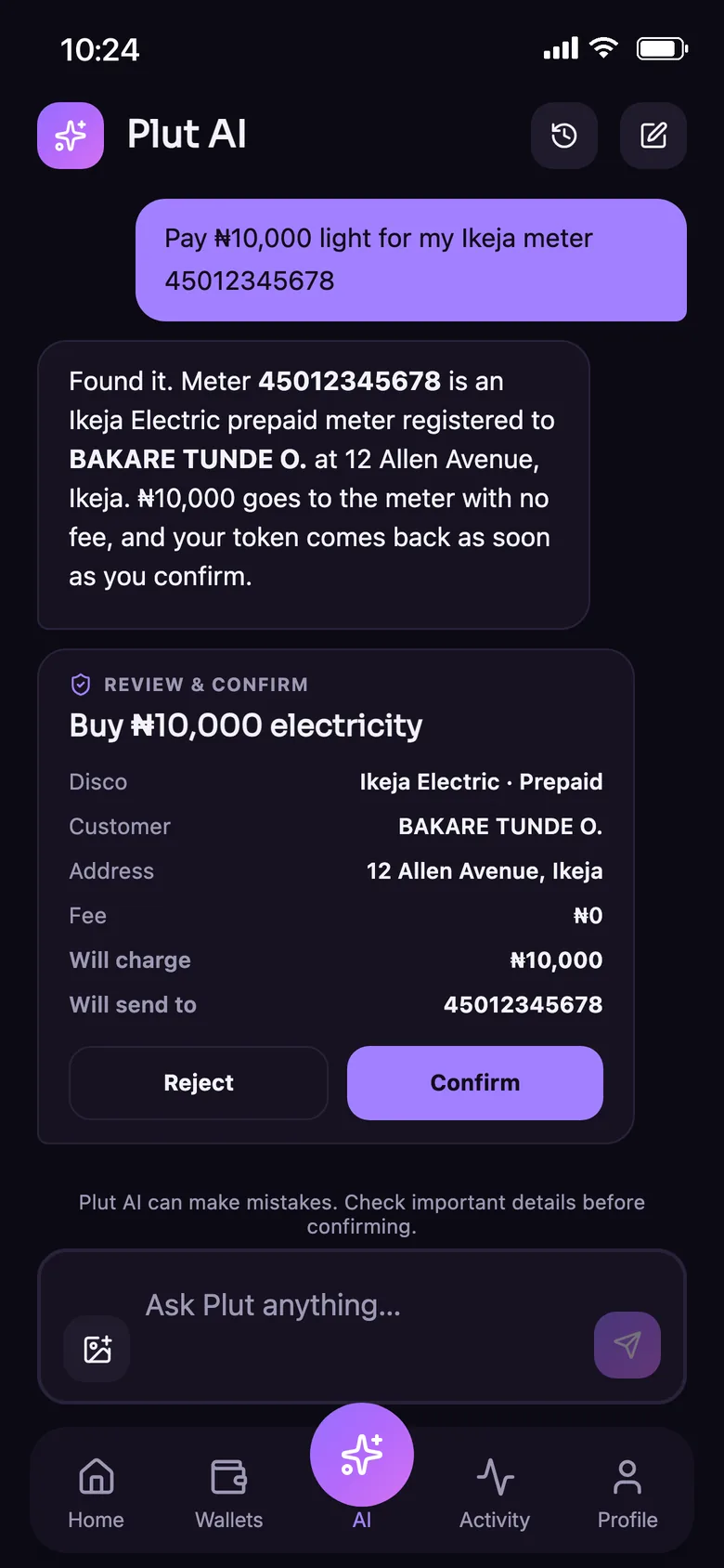 Plut AI on an iPhone getting a ₦10,000 electricity payment ready to confirm